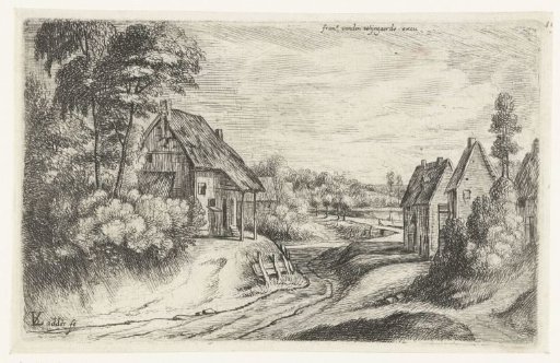 Landscape with two farmhouses along a road