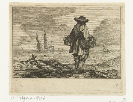 Dune landscape with a man, with two baskets on his arm