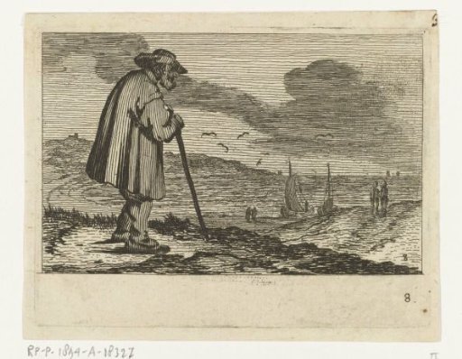 Dune landscape with an old man, leaning on a walking stick