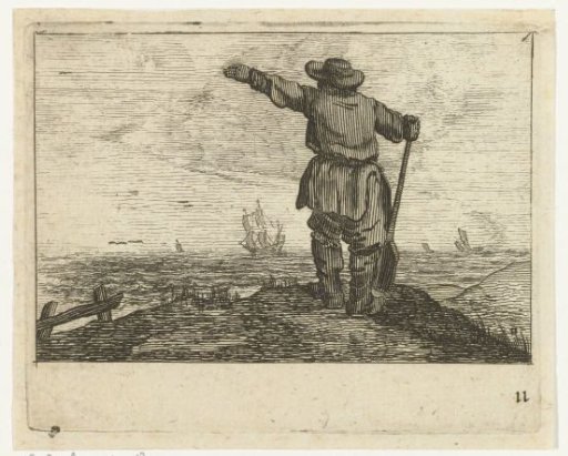 Dune landscape with a waving man, leaning on a shovel