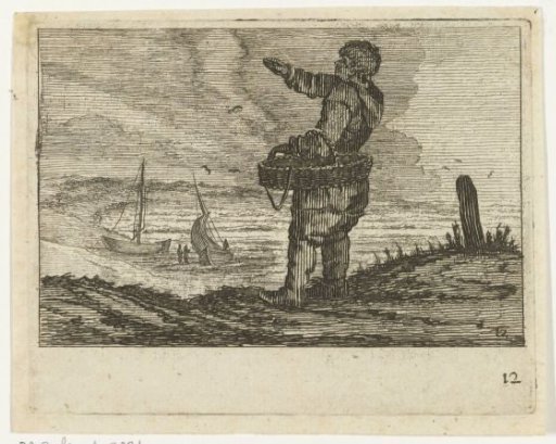 Dune landscape with a waving man, basket on his arm