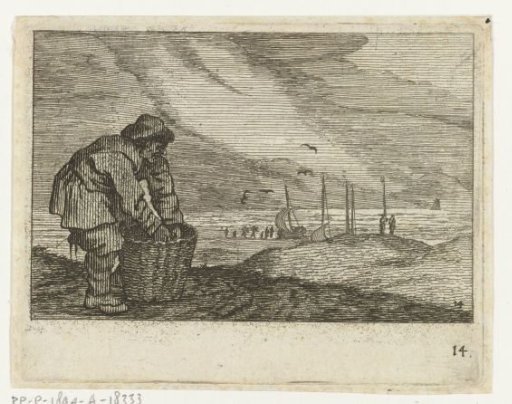 Dune landscape with a man reaching into a basket