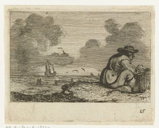 Dune landscape with a seated man by a basket