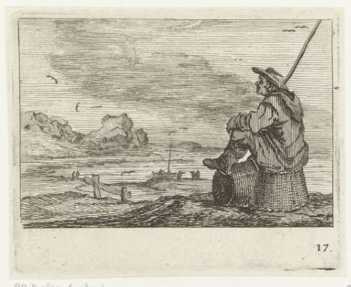 Dune landscape with a man sitting on two baskets
