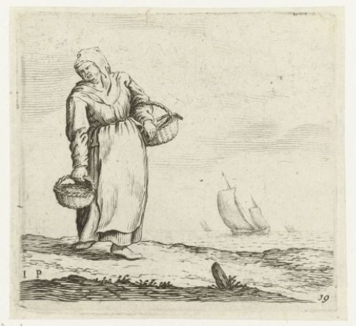 Dune landscape with a woman, two baskets on her arm