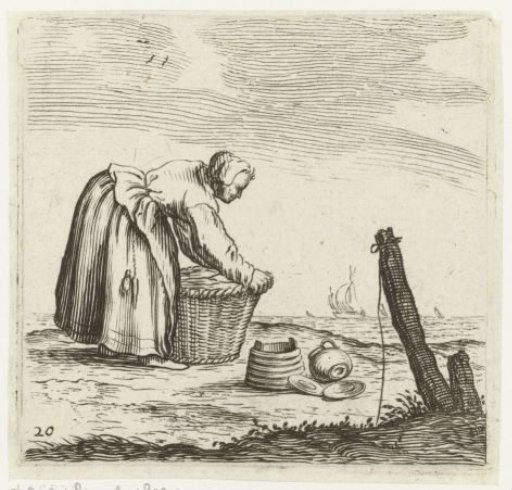 Dune landscape with a woman, bent over a basket