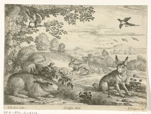 Three hares in a landscape