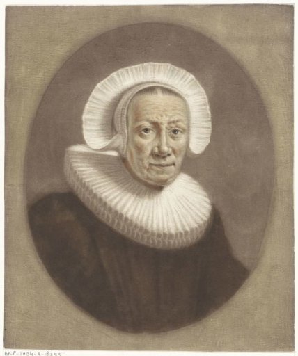 Portrait of an old woman with a wide stiff pleated collar and diadem cap