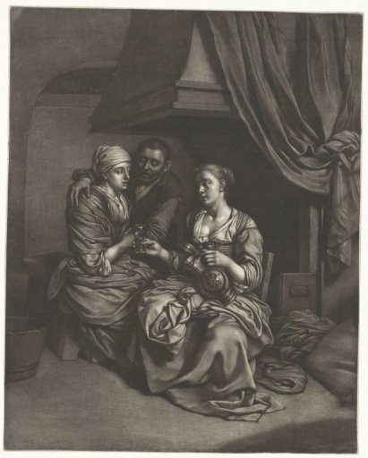 Women and a man by the fireplace