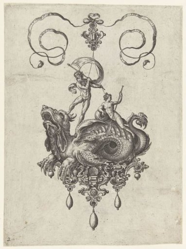 Pendant with a sea dragon, on its back stands a man with a sail
