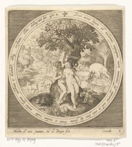 Eve is deceived by the serpent at the tree of knowledge of good and evil