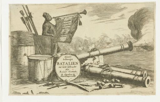 Title page with the equipment of a warship and a trumpeter