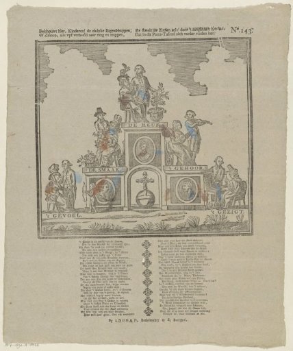 Behold here, children! the symbolic properties, / or meanings, all five represented according to rank and steps, / And please your own senses through the pleasant ornament, / Which can be found further in this print picture