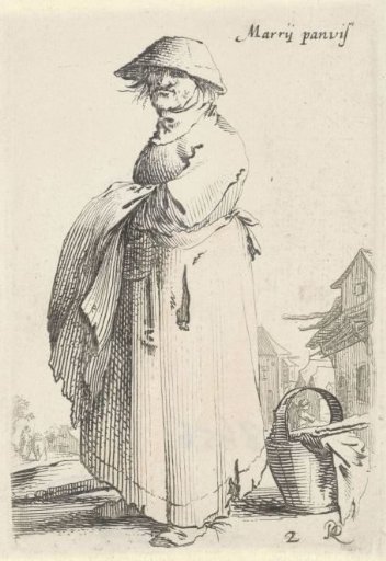 Woman with a cloth over her arm, behind her stands a basket on the ground