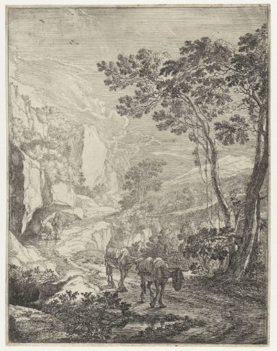 Landscape with two mules before the Rocca Aquatico near Ancona