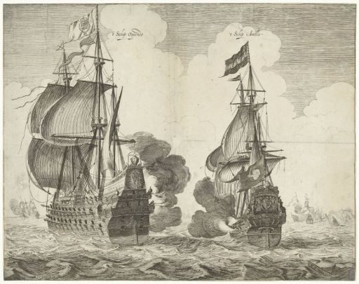 Fight between the admiral ships Aemelia van Tromp and the Santa Teresa of De Oquendo during the Battle of the Downs, 1639
