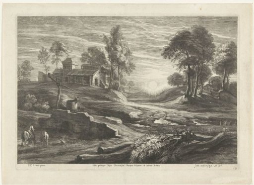 Landscape with water well and sun