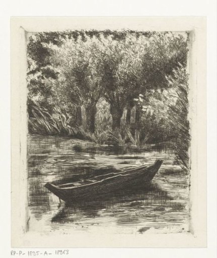 Small boat on a pond with pollard willows along the bank