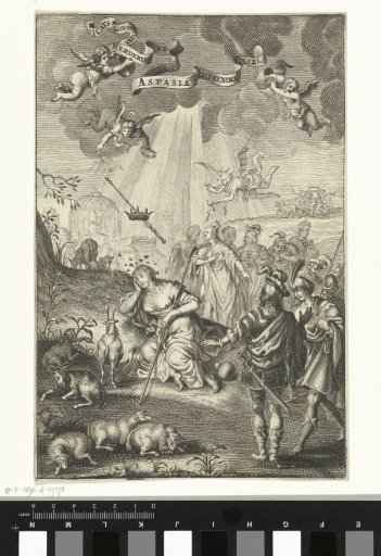 Shepherdess Aspasia lying asleep by her flock while onlookers watch a crown and scepter descend from the sky