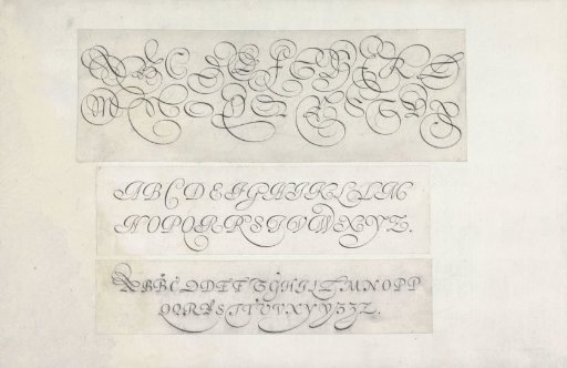 Three designs for writing samples: the alphabet in capitals
