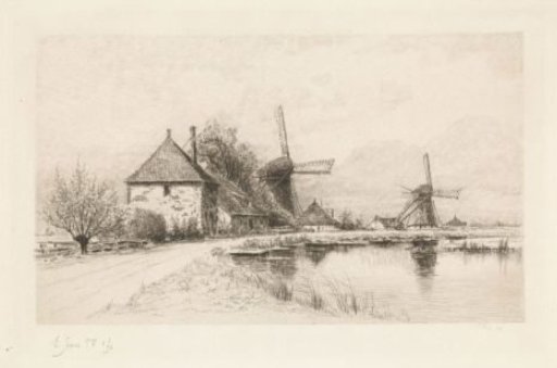 Houses and two mills along a river