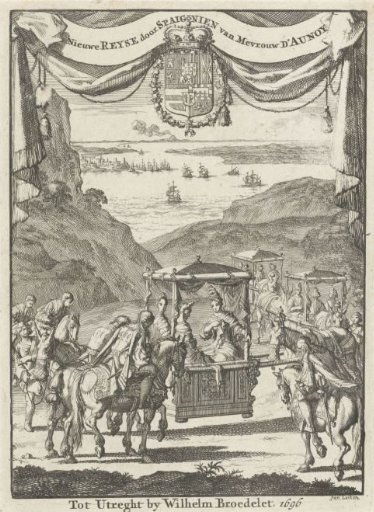 Writer Marie-Catherine d'Aulnoy in a sedan chair greeted by five horsemen