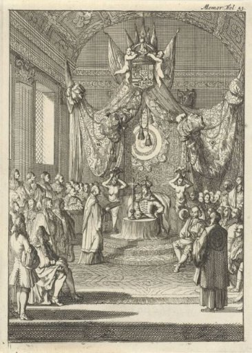 Charles II, King of Spain, listens from his throne to the terms of the peace of Nijmegen