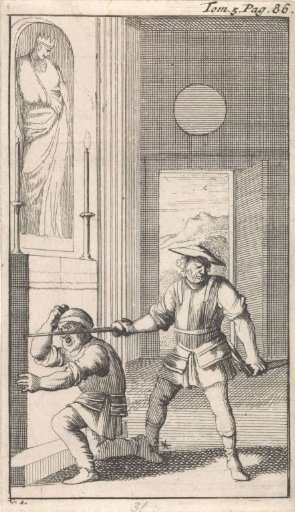 In a church Sancho kneels before a statue of a saint and is dubbed a knight by his master