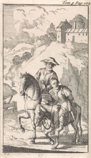 Sancho is tied to a donkey and carried away by his master