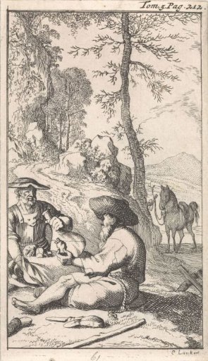 Don Quixote drinks wine with a hermit in a forest