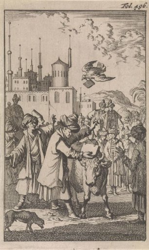 On a large square a crowd of Turks watches how Mahomet loosens a book that is held between the horns of an ox