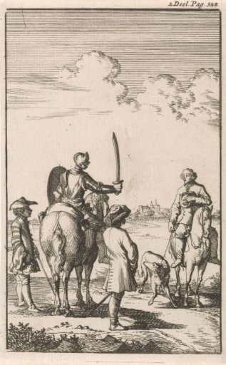 Meeting of Don Clarazel with a Peasant, Both on Horseback