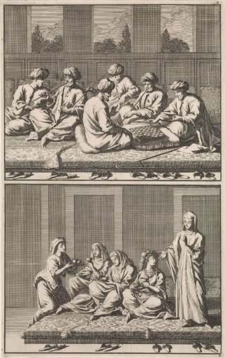 Company of six smoking and chess-playing Turks / Company of four coffee-drinking women and an enslaved servant