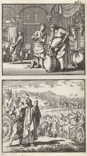 At the advice of Elisha, the widow fills borrowed vessels with oil / Elisha's intervention in the war against Aram