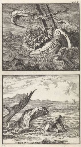 Jonah thrown from the ship in the storm / Jonah spat out by the whale