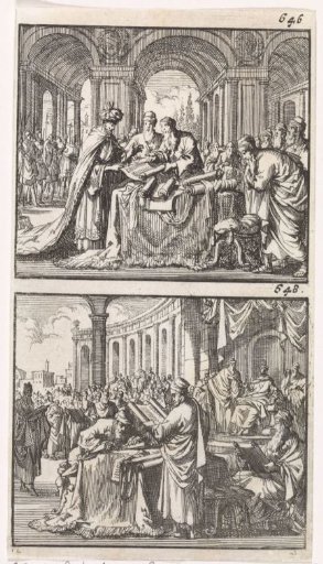 King Ptolemy Philadelphus studies the Hebrew law scrolls / Reading of the translation of the law to King Ptolemy Philadelphus