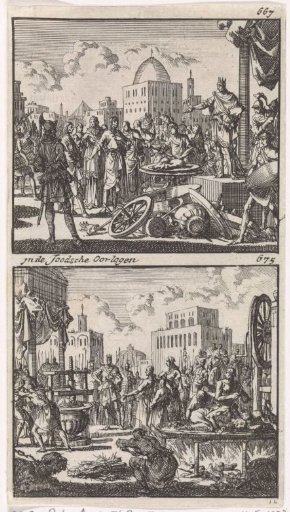 Antiochus Epiphanes tries to persuade a mother and seven sons to eat pork / Death of the seven sons