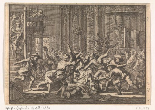 Riot in the church in Marburg where Rev. Schonerus is mistreated, 1606
