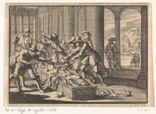 Servants of the Duke of Aumale try to drive away rats in his coffin, 1591