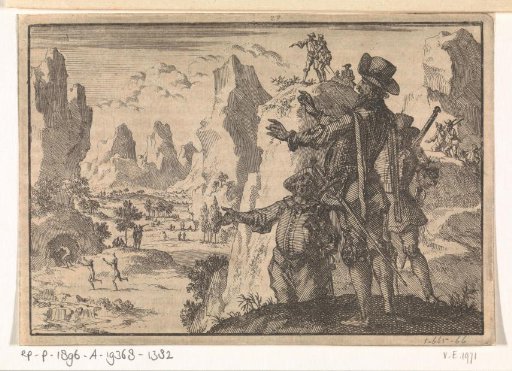 Armed Spaniards look down from rocks on entirely wild living people, ca. 1600