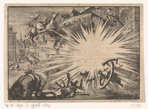 Carriage and horses of King Louis XIII destroyed by explosion of an infernal machine, ca. 1625