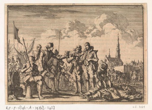 Friendly meeting of Spanish and Dutch soldiers during a ceasefire at the siege of Breda, 1637