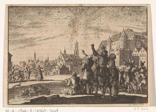 Square in Cork where the inhabitants look at the thousands of rooks in the air, 1621