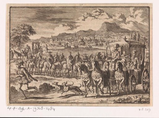 Don Pedro, regent of Portugal, proceeds after his marriage to Maria, Duchess of Aumale, from Lisbon to Alcantara and is pursued by masked nobles, 1668
