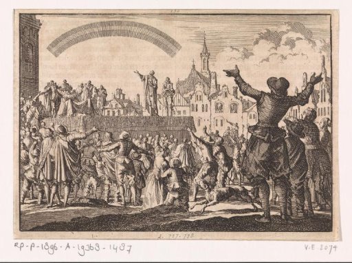 Square at Orange, where the administration of Prince William III is accepted, while the crowd looks at an arch in the sky, 1670