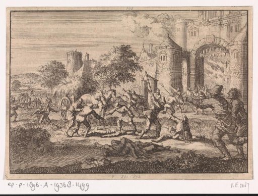Riot in Brussels, where farmers after mistreatment by Spanish soldiers drive away the guard at the Schaerbeek gate and set the guardhouse on fire, 1670