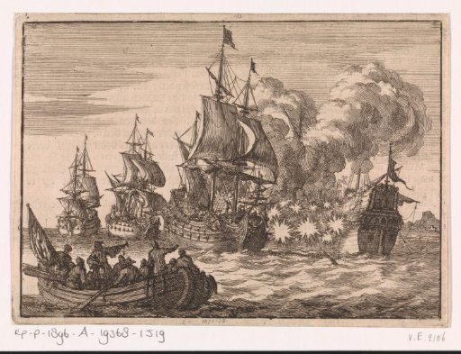 Near Valencia, the Spanish admiral Papachino is attacked by three French ships under Admiral Tourville for not saluting quickly enough, 1688