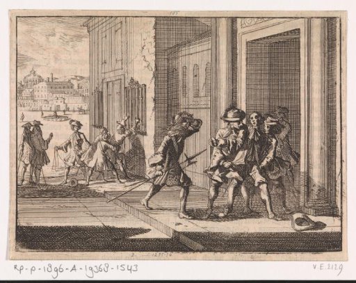 Brandy seller in Rome is seized by two bailiffs after leaving the church Regina Coeli, 1687