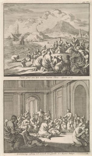 Paul prays by the shore of Tyre and a gathering of Christians in the room of Saint Castulus in the imperial palace