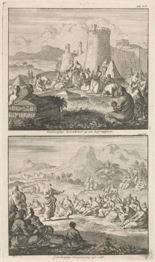 Early Christians gather at a cemetery and early Christians listen to a sermon in the wilderness